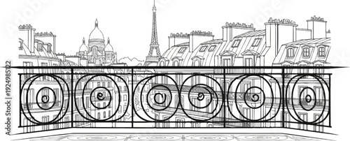 Ornate balcony railing overlooks Parisian rooftops and iconic landmarks
