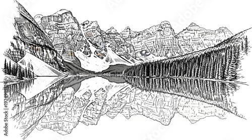 Majestic mountain range reflected in a still lake surrounded by dense pine forest