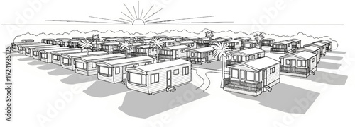 Rows of park homes under a rising sun, with trees and hills