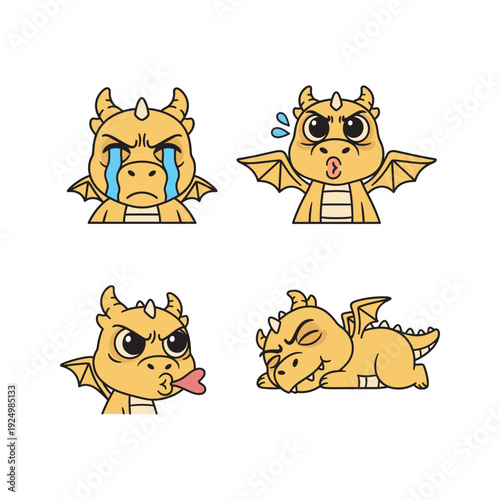 Cute cartoon dragon emoticons showing different emotions on white background