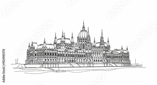 Ornate Gothic building with many towers and a large central dome on a river