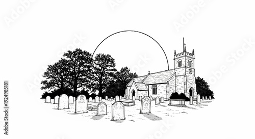 Ornate church with tower and graveyard under a curved arch