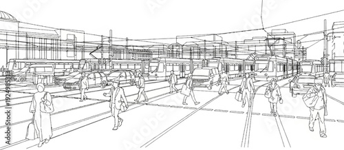 Busy city street with trams, cars, and pedestrians crossing the road