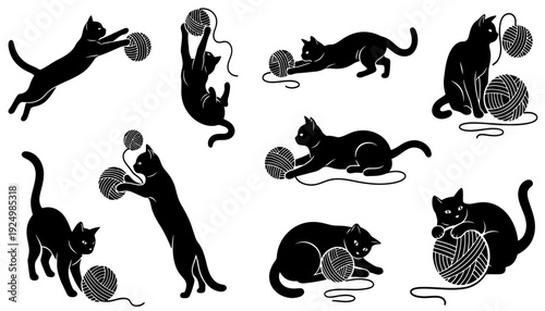 Cat Playing With Yarn Ball Silhouette Set –  Action Poses Black Vector Set Isolated