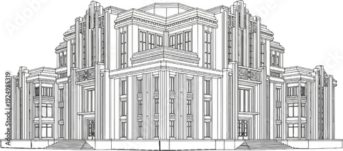 Ornate, symmetrical drawing of a grand, classical building facade