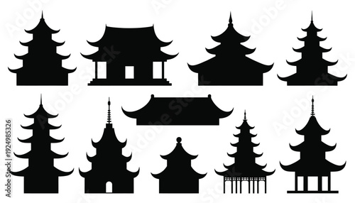 Silhouettes of traditional asian architecture and trees in a stylized black and white design isolated on white background, Vector, illustration