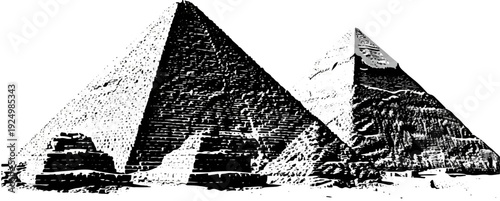 Stylized etching of two ancient pyramids and surrounding stone structures