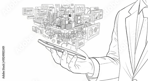 Businessman holding smartphone displaying futuristic cityscape with data screens