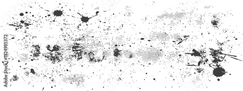 Abstract black and white grunge texture with ink splatters and halftone dots