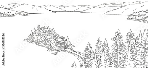 Rustic house perched on rocky island amidst serene lake and mountains