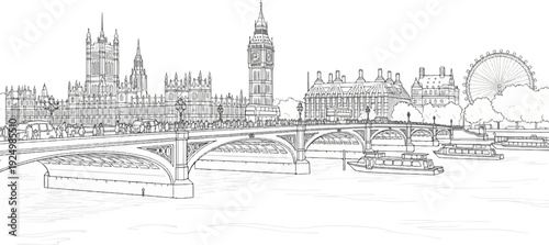 Sketch of London landmarks including Big Ben and a Ferris wheel