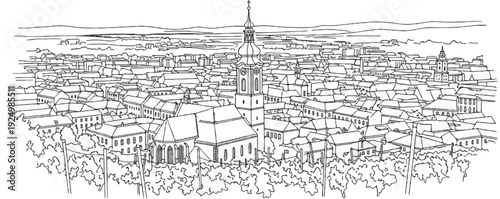 Panoramic line drawing of an old European town with a prominent church tower