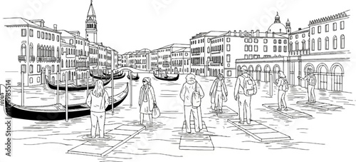Sketch of tourists navigating flooded Venice canals on raised walkways