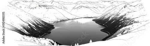 Panoramic sketch of a serene alpine lake nestled amongst snow-capped, textured mountains