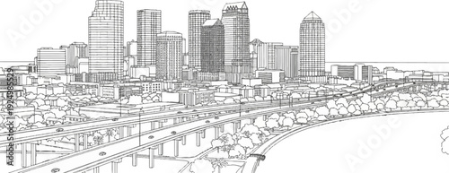 Stylized line drawing of a sprawling cityscape with elevated highways and lush trees
