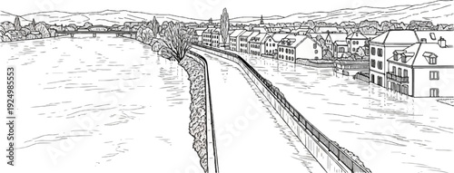 Sketchy town buildings inundated by a wide river under a hilly backdrop