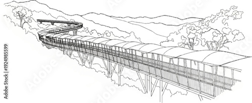 Winding elevated walkway winds through lush, rolling hills, shaded by trees