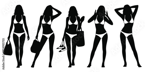 Five stylish silhouettes of women carrying different accessories in a minimalist design isolated on white background, Vector, illustration