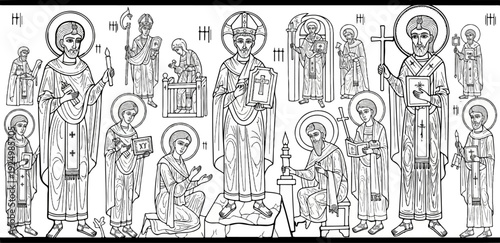 Ancient religious figures and symbols depicted in a stylized, linear art style