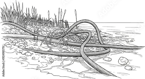 Twisted reeds and cattails border a rocky shore with calm water