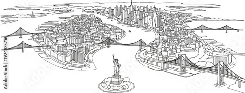 Aerial view sketch of a sprawling metropolis with iconic statues and bridges