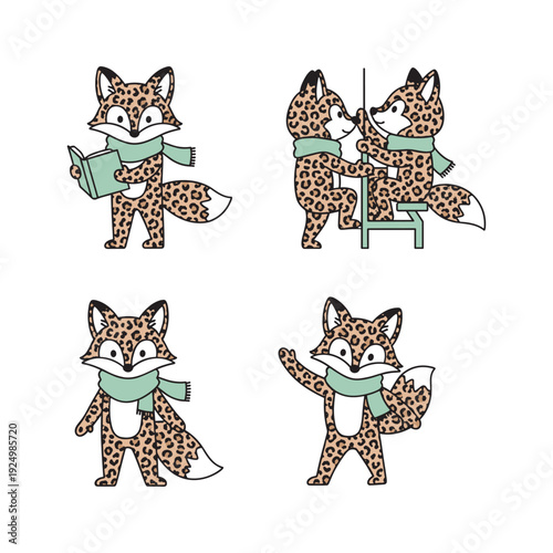 Cute cartoon fox in scarf dancing and having fun in different poses