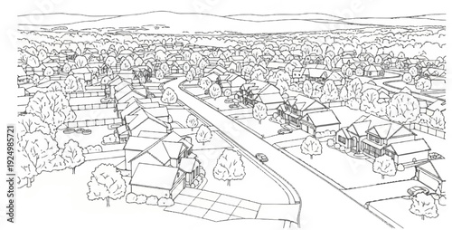 Aerial view of a suburban neighborhood with winding roads and trees