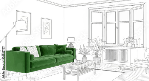 Sketch of a modern living room with a green sofa and large bay window