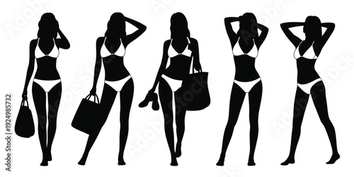 Five stylish silhouettes showcasing diverse poses and accessories in black and white isolated on white background, Vector, illustration