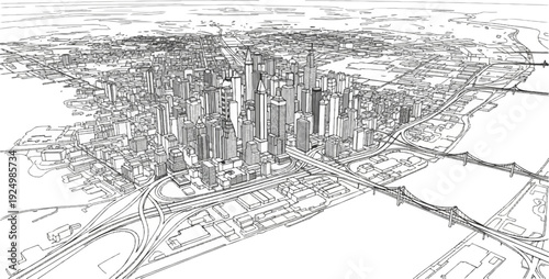 Wireframe illustration of a busy city with skyscrapers and a complex highway interchange
