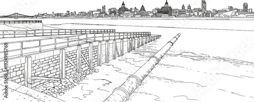 Waterfront cityscape with an industrial pipe and retaining wall structure