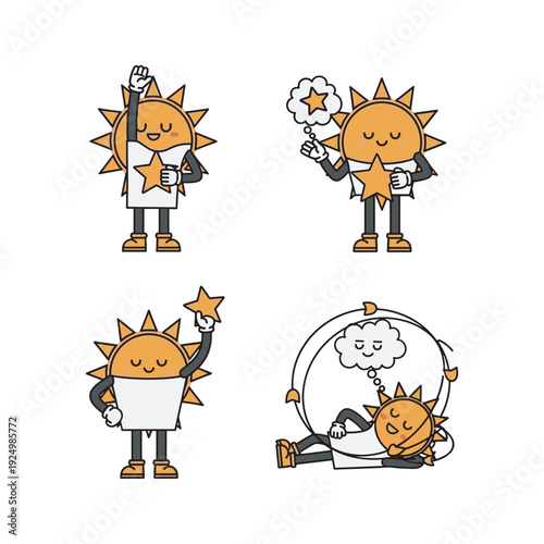 Cartoon sun characters in various poses and activities with thought bubbles and stars