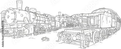 Vintage steam locomotives and carriages line up on tracks