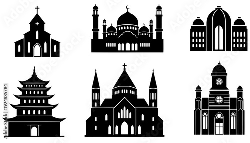Religious Buildings Silhouette Set – Church Mosque Temple Cathedral Vector Isolated