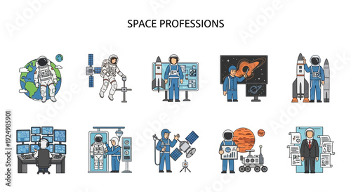 Ten vector illustrations depicting various space professions and related activities