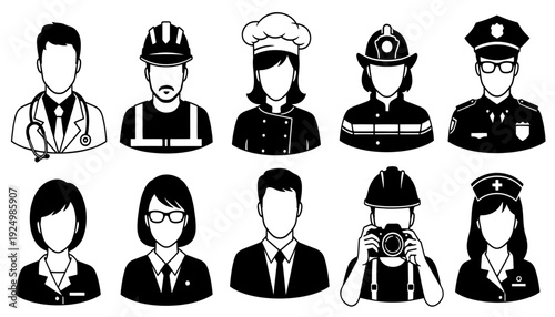 Professional Occupation Portrait Silhouettes – Male and Female Front View Shoulder Bust Vector Set