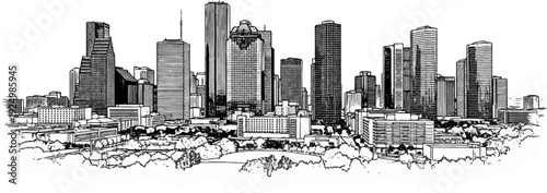 A stylized ink drawing of a dense city skyline with various skyscrapers and greenery