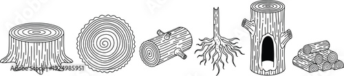 Collection of tree stump and wood elements including cross-sections logs roots and firewood for nature and forestry design