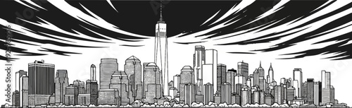 Stylized black and white skyline of tall buildings under a dramatic sky