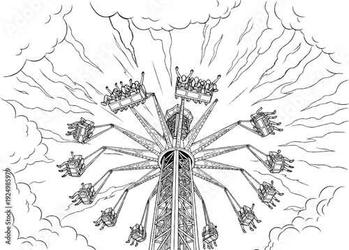 Thrill ride with people swinging high in the air surrounded by clouds