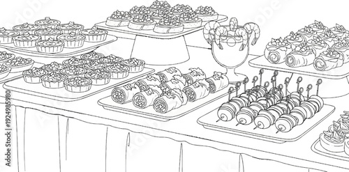 A spread of appetizer bites including canapés, mini quiches, and shrimp