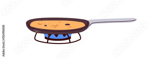 Frying pancake, crepe on pan. Cooking breakfast food with stovetop kitchenware on gas burner, stove heat. Preparing on cooker. Fry preparation. Flat vector illustration isolated on white background