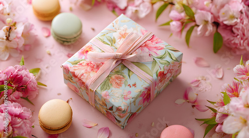 Wallpaper Mural A pink background is featured on this gift box with floral wrapping and ribbon, surrounded by macarons and spring flowers for a mother's day or birthday celebration. It can also be used as a greeting  Torontodigital.ca
