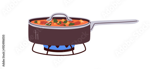 Cooking in saute pan on stove, gas burner. Vegetables stewing in saucepan, stewpan on cooker, heater. Simmering, food preparation on stovetop. Flat vector illustration isolated on white background