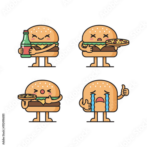 Cartoon burger characters showing different emotions and actions with humor and personality
