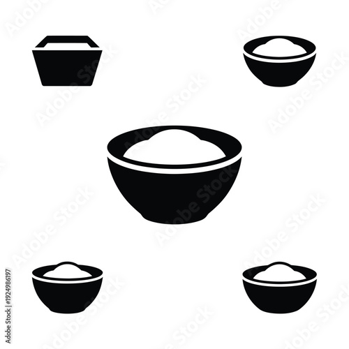 Black and white illustration of various bowls with rice contents isolated on white background, Vector, illustration