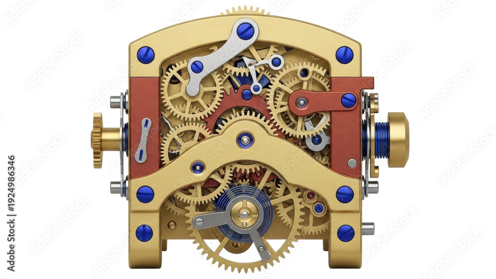 Fototapeta premium Isolated internal clockwork mechanism, brass gears, clock assembly, antique watch movement, engineering
