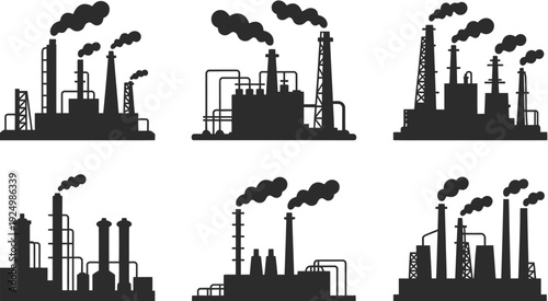Industrial factories emitting smoke into the atmosphere in varied silhouettes isolated on white background, Vector, illustration