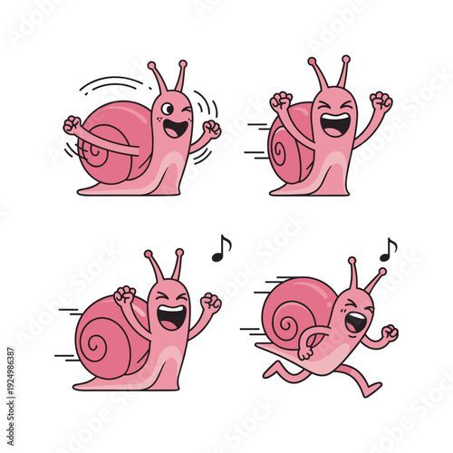 Cartoon snails dancing and having fun in various poses with musical notes