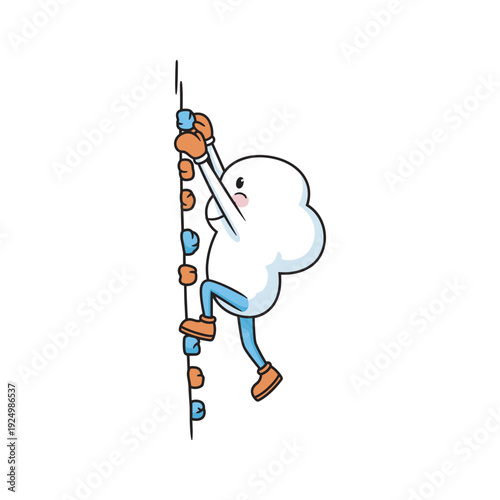 Cartoon cloud character climbing a rope ladder with determination and effort